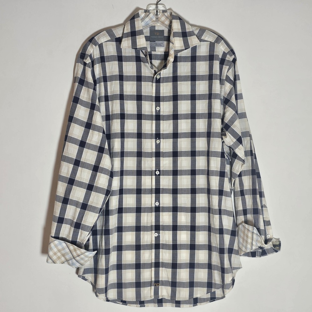Thomas Dean Shirt Mens Large Tan Navy Plaid Pima Cotton Contrast Flip Cuff Dress